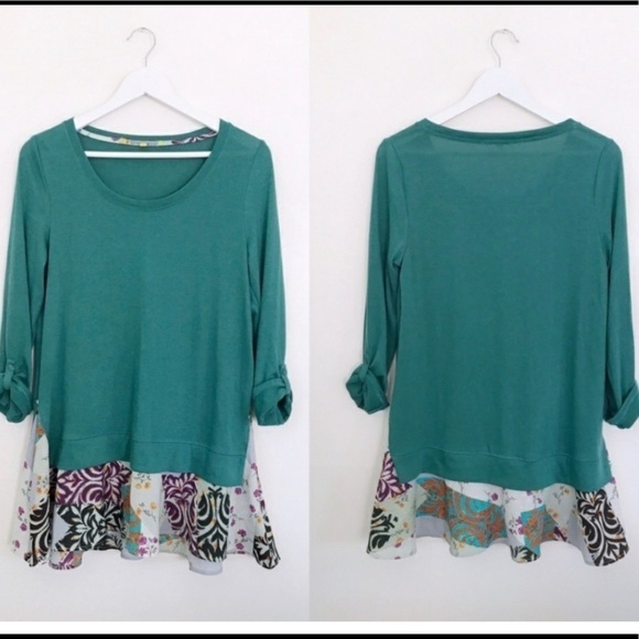 ✅ Anthropologie Little Yellow Button Blouse Sz S Green Flounce Tunic Rolled Tab - Picture 4 of 9